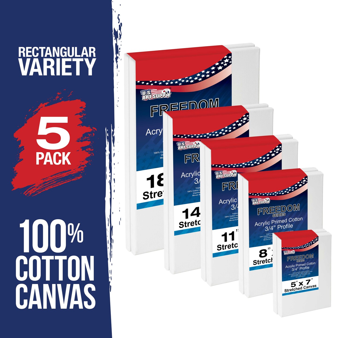 5 Assorted Rectangular Sized Stretched Artist Paint Canvases (5 Pack) 1-each of 18x24&#x22;, 14x18&#x22;, 11x14&#x22;, 8x10&#x22;, 5x7&#x22;