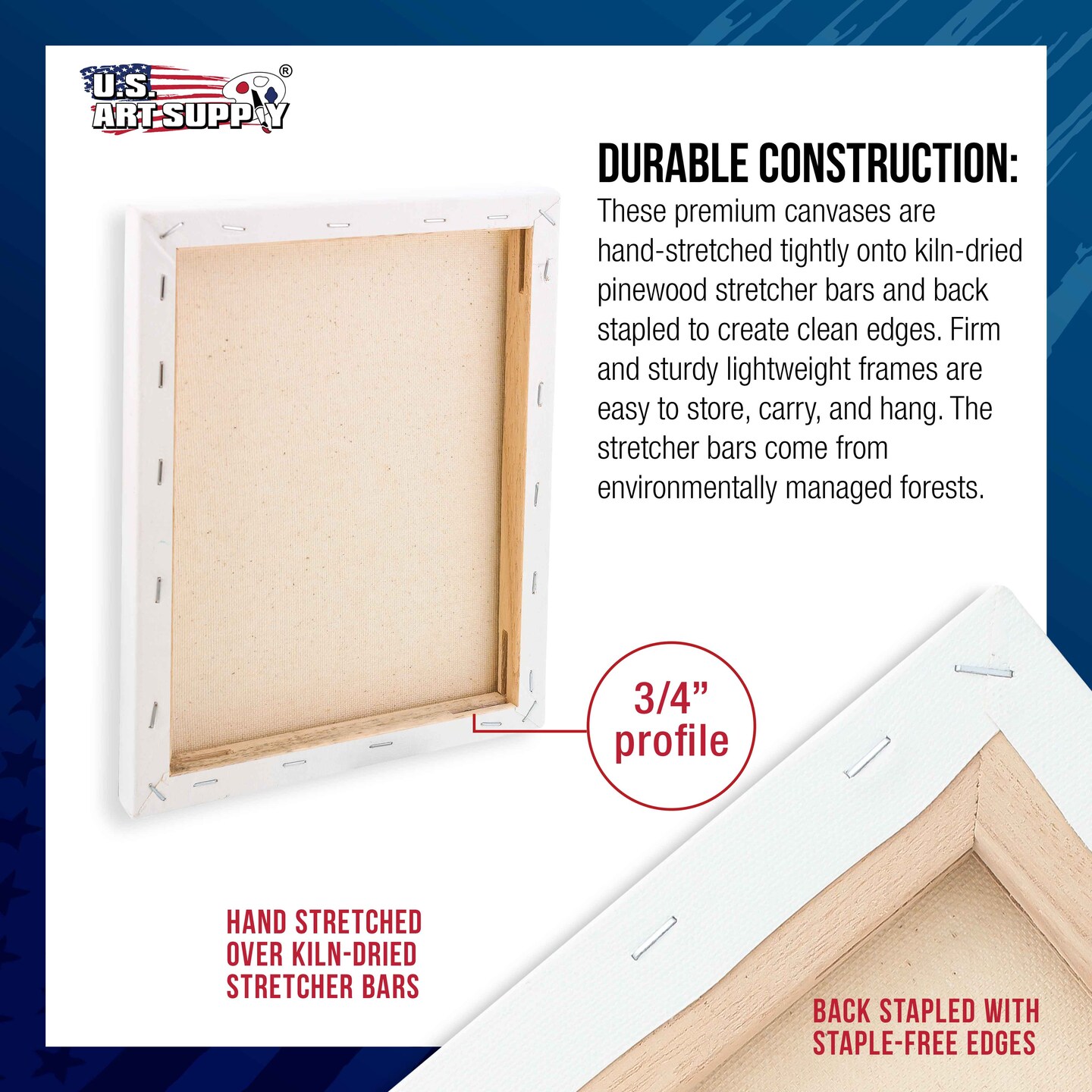 24 x 24 inch Stretched Canvas 12-Ounce Triple Primed, 3-Pack - Professional Artist Quality White Blank 3/4&#x22; Profile, 100% Cotton, Heavy-Weight Gesso