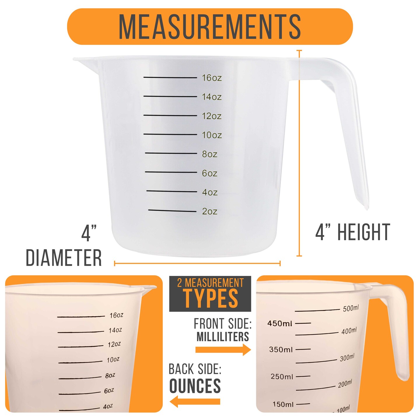 U.S. Kitchen Supply&#xAE; - 16 oz (500 ml) Plastic Graduated Measuring Cups with Pitcher Handles (Pack of 6), 2 Cup Capacity, Ounce ML Markings Measure Mix