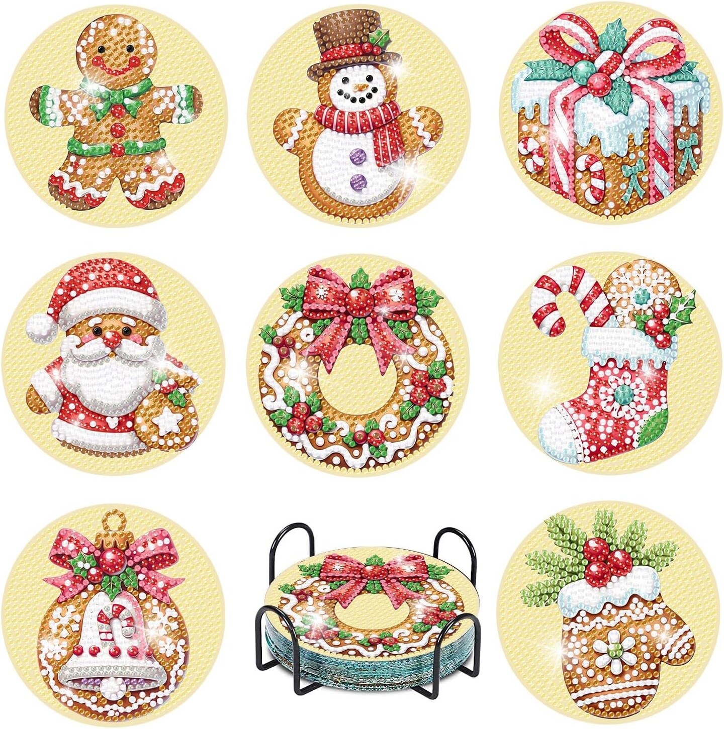 8 Pcs Christmas Diamond Art Coasters Kits with Holder, Gingerbread Snowman 5D DIY Diamond Pinting Coasters Acrylic Round Cup Coaster with Cork Pads for Tabletop Protection 10&#xD7;10 CM