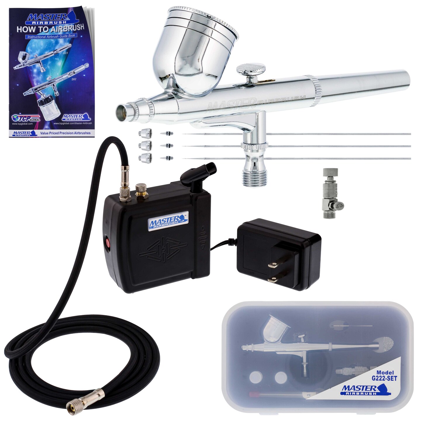 Master Performance G222 Airbrush Kit with Master Black Mini Portable Compressor C16-B &#x26; Air Hose