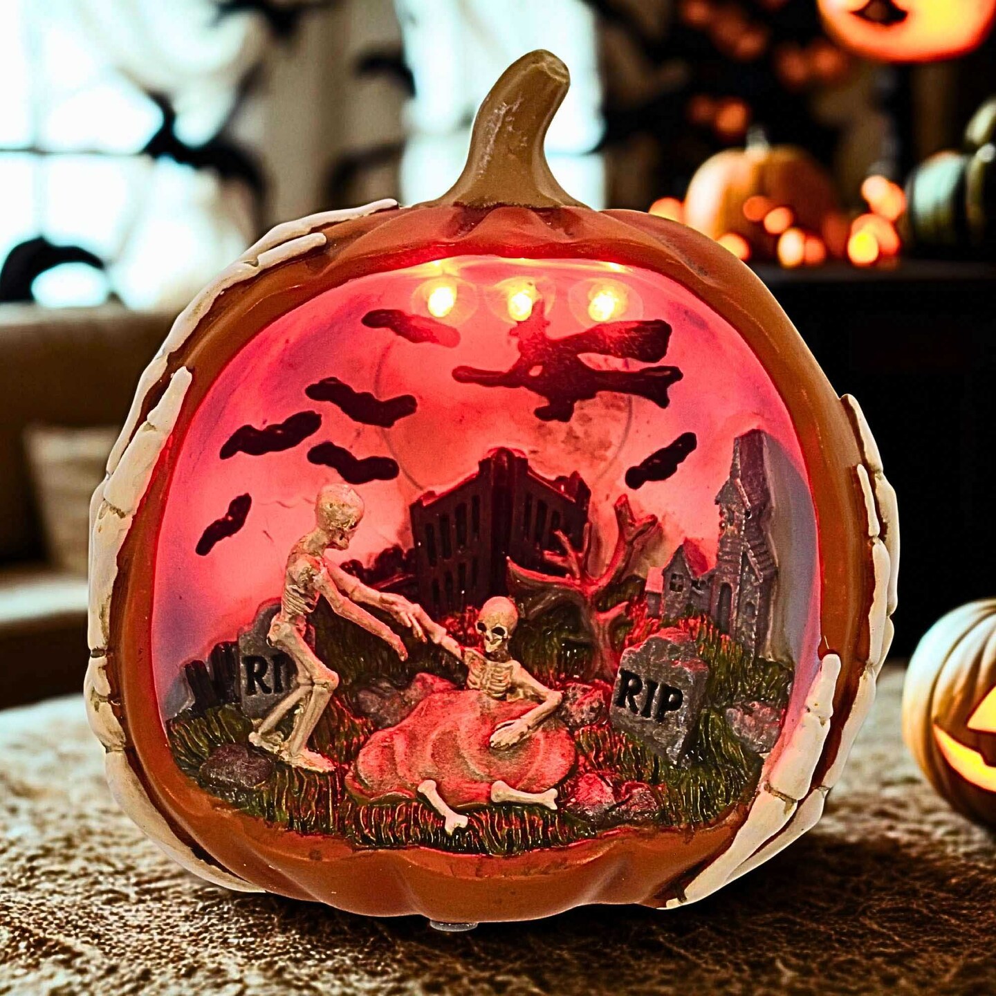 Roman 7.5 Inch Halloween Lighted Orange Pumpkin Scenic Decor Halloween Figurine , Lighted Halloween Decor Haunted Jack O Lantern
