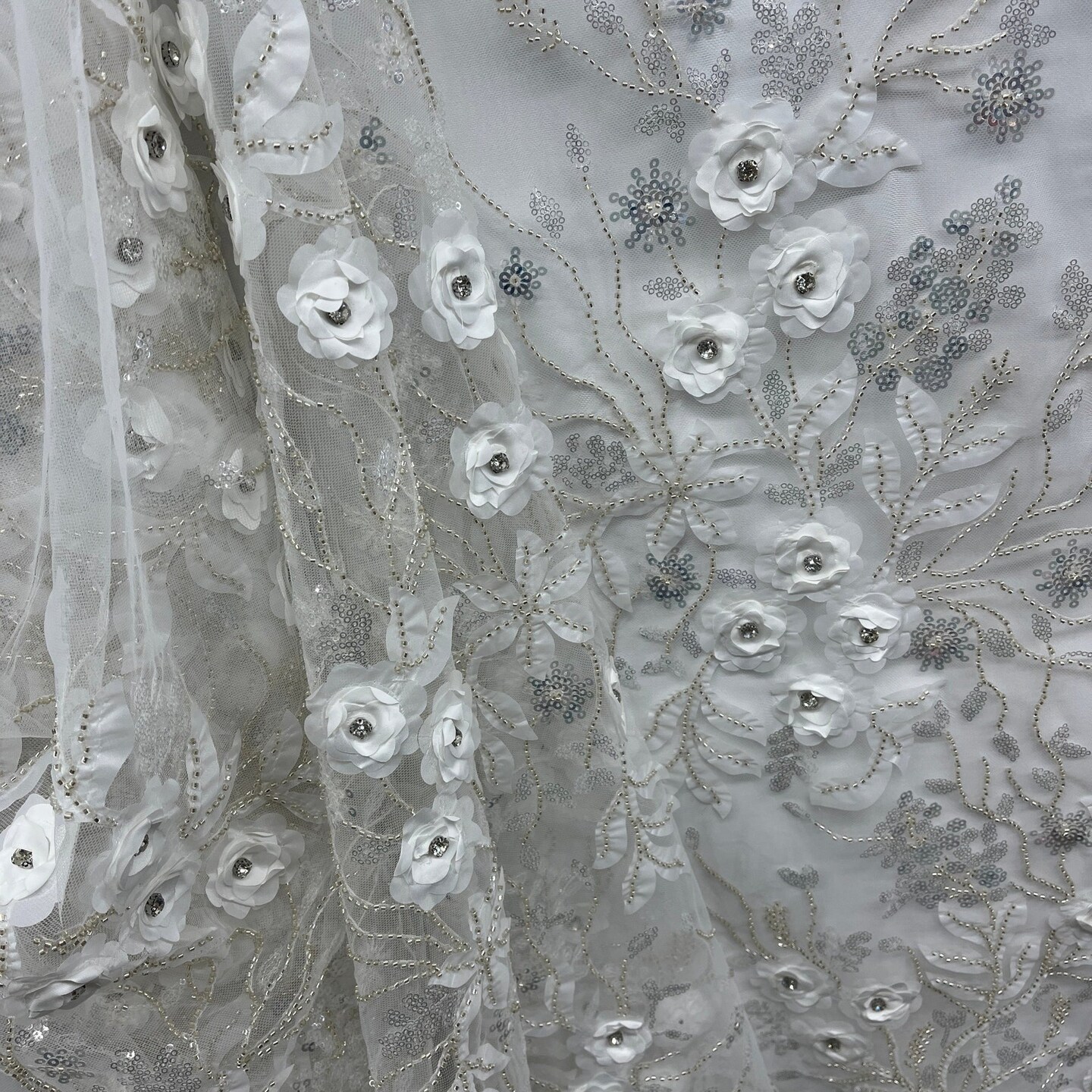 1 Yard Exquisite Off White Beaded 3D Floral Lace Fabric on Net Mesh 52 inch Width