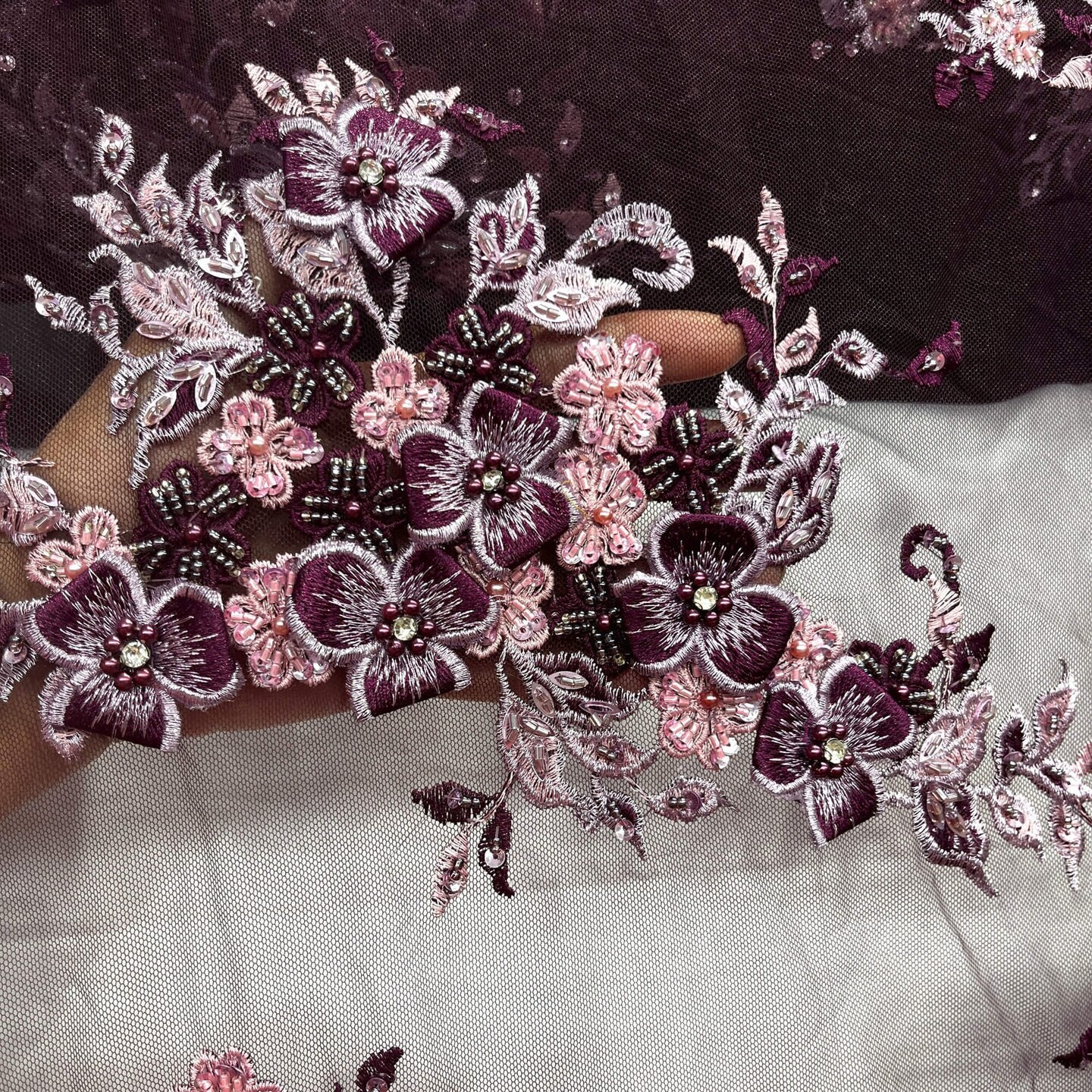 1 Yard 3D Beaded Floral Lace Fabric with Rhinestones, 51&#x22; Wide Embroidered Mesh