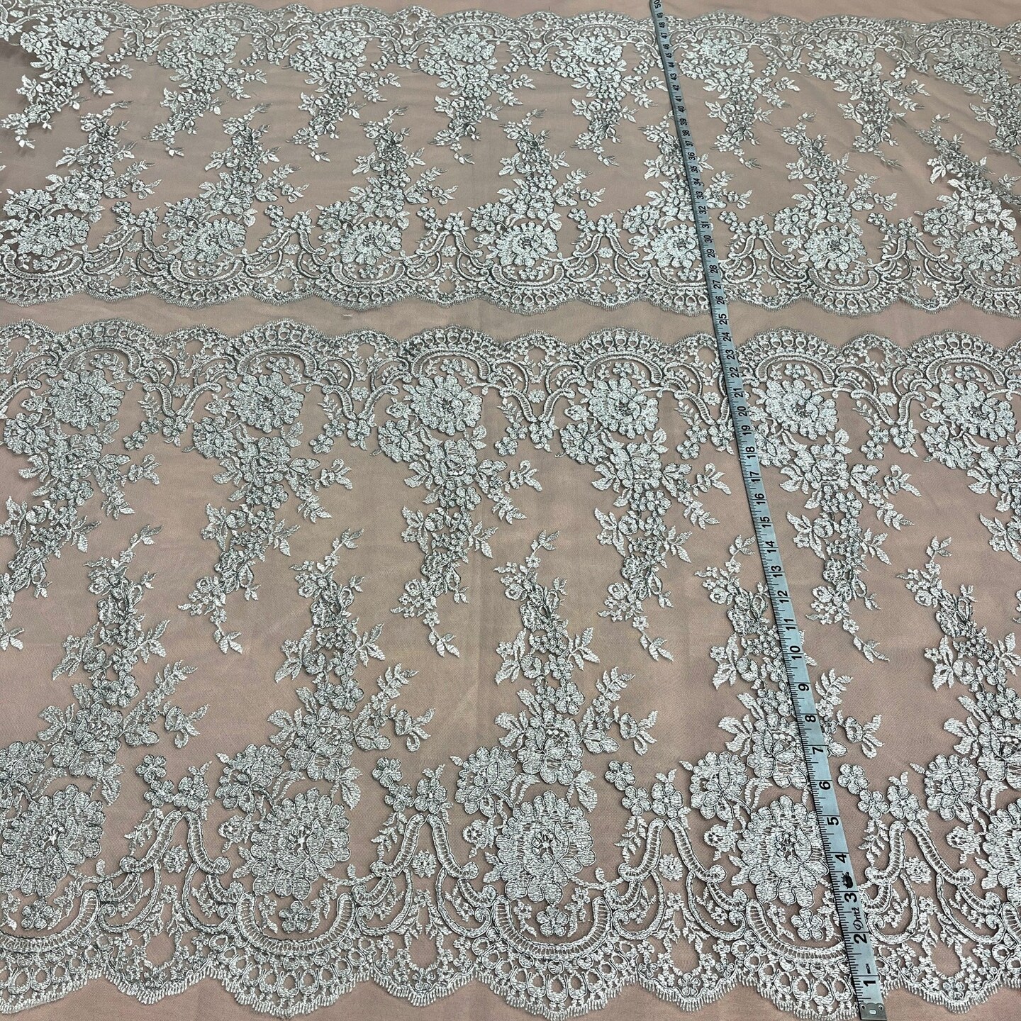 1 Yard Ivory with Silver Corded Bridal Lace Fabric Embroidered on Polyester Net Mesh 50 inch Width