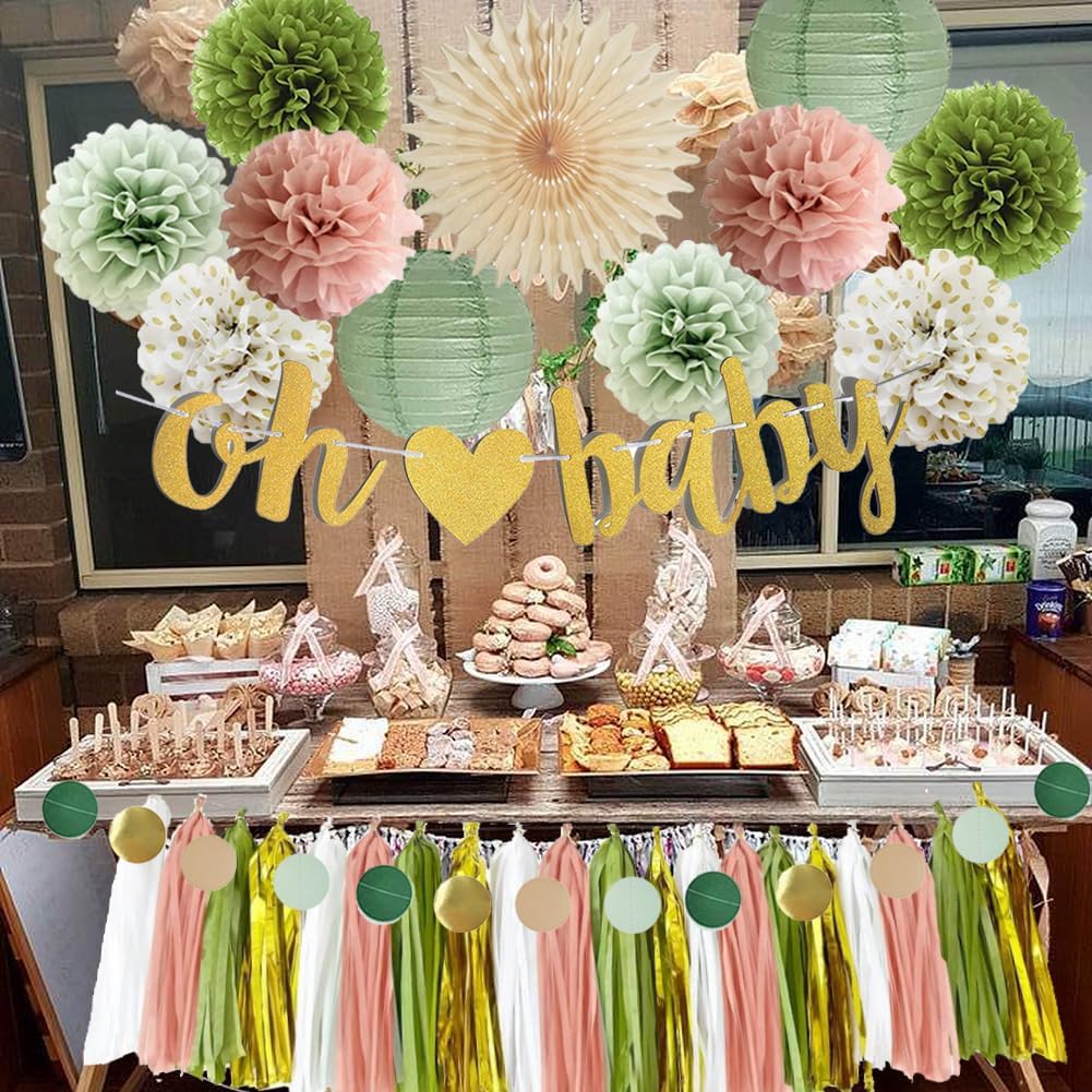 Green Pink Gold Baby Shower Decorations(Sage Green, Dusty Pink, Olive Green)