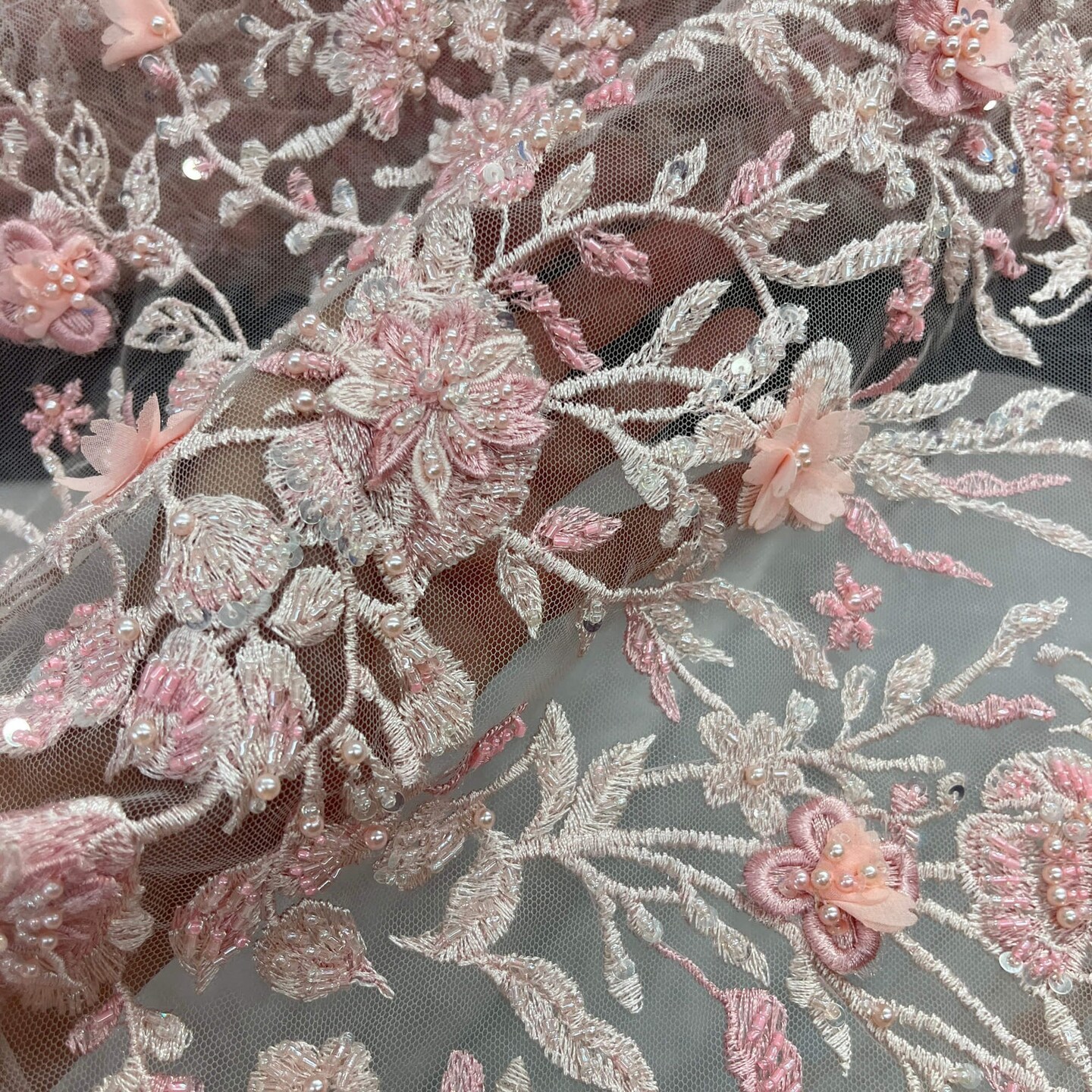 Beaded 3D Floral Lace Fabric with Rhinestones 51" Wide Embroidered Bridal & Evening Dress Lace