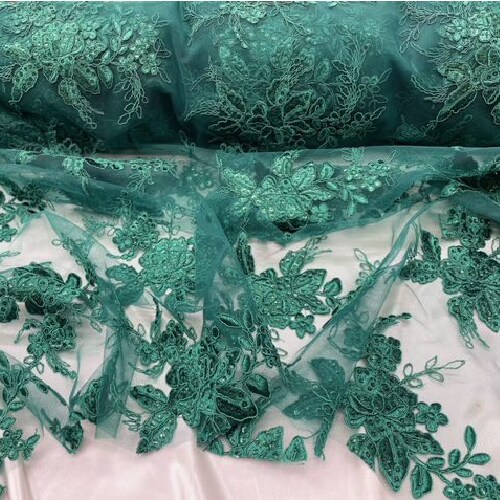 1 Yard Hunter Green Sequin Lace Fabric 100% Polyester Embroidered Mesh with Scalloped Edges for Special Occasions 51&#x201D; Wide