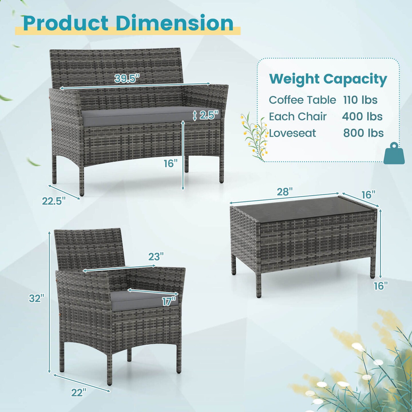 Costway 4 PCS Patio Furniture Set with Washable Cushions and Tempered Glass Coffee Table Gray