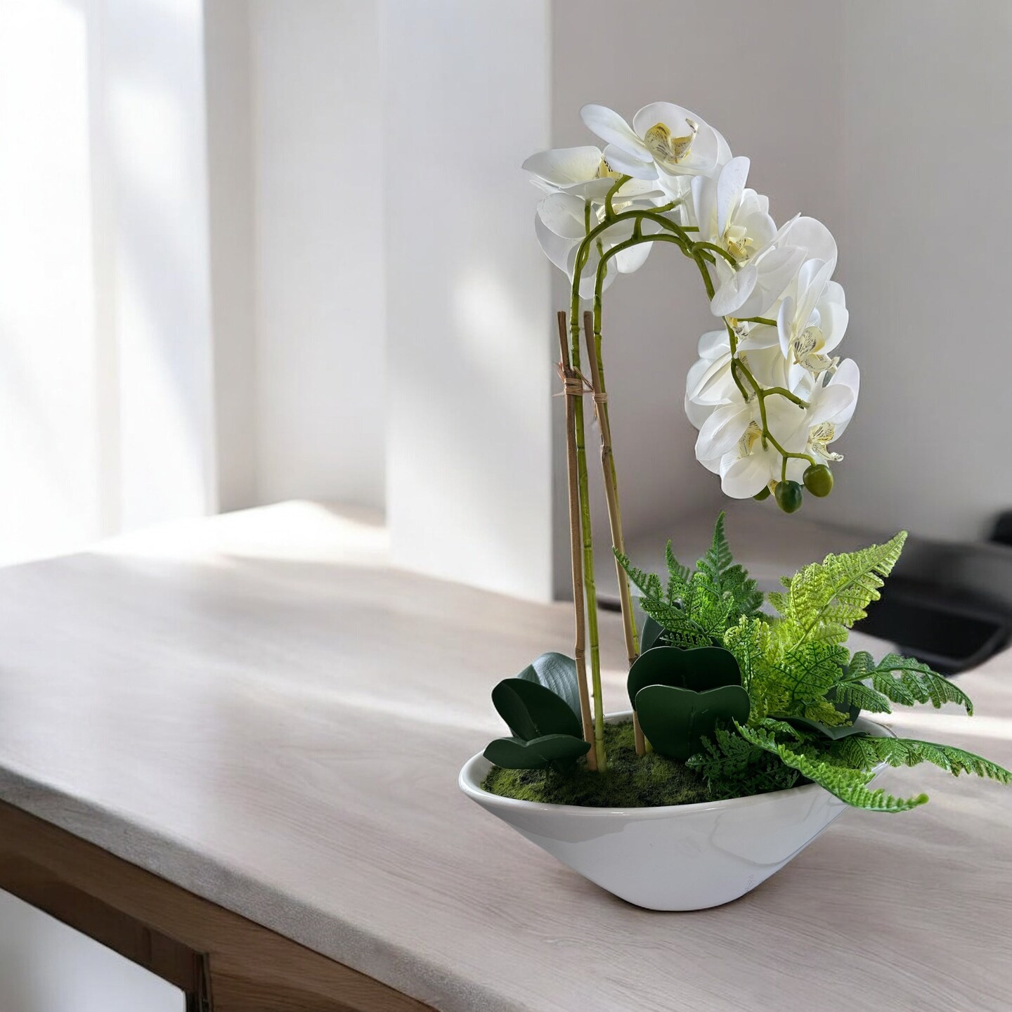 20&#x22; Artificial Phalaenopsis Orchid Arrangement | Faux White Orchid in Ceramic Bowl