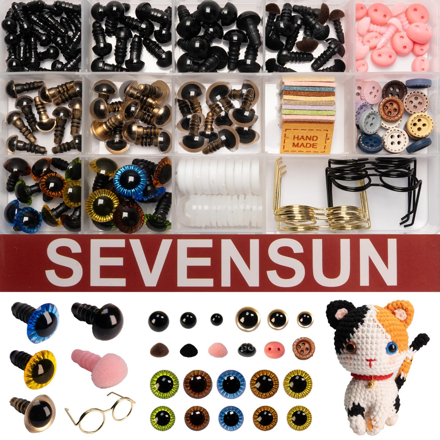 Safety Eyes for Amigurumi 264 PCS, Crochet Glasses Noses and Buttons, Various Designed Crochet Accessories, Stuffed Crochet Eyes with Washers, Craft Doll Eyes and Nose