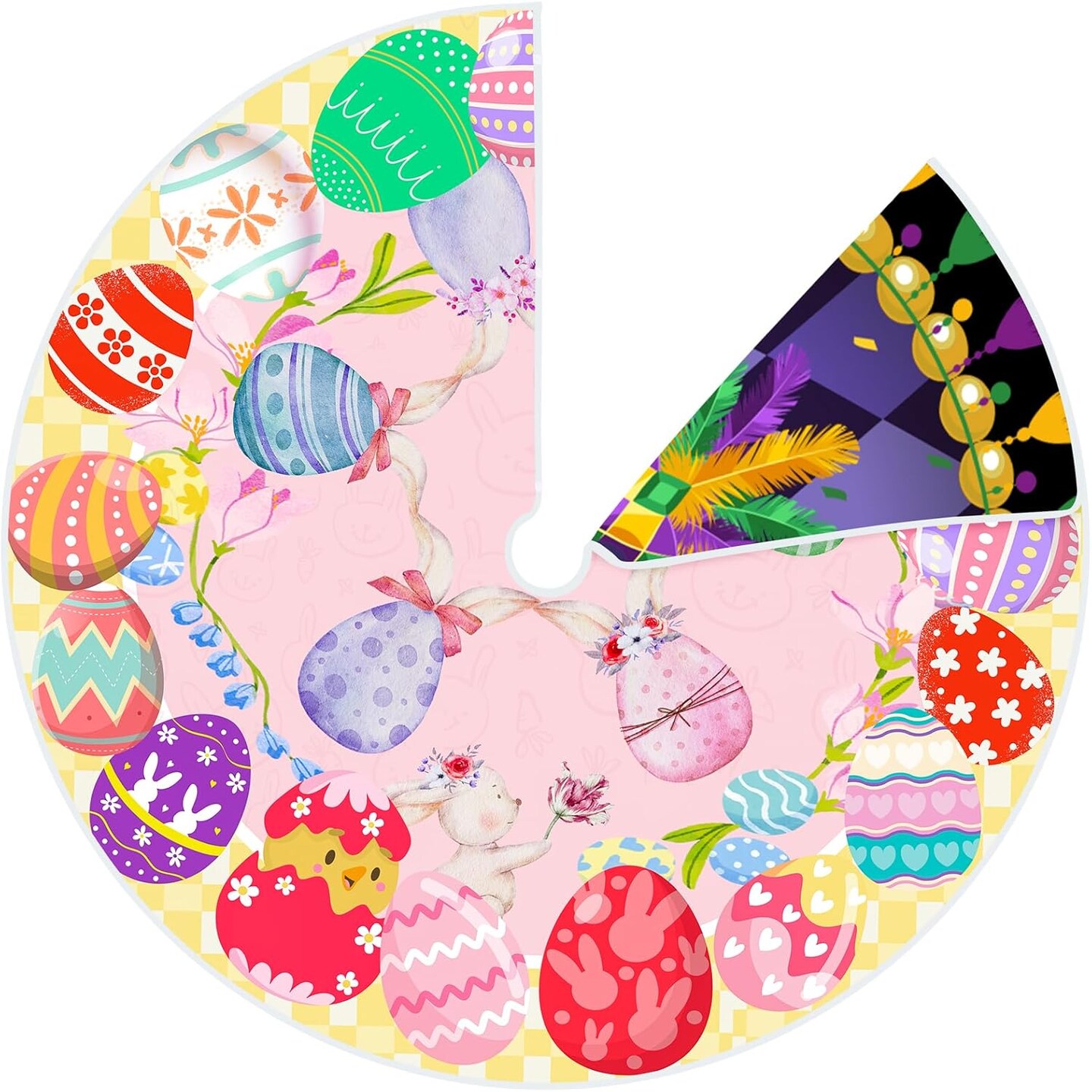 36 Inch Mardi Gras Tree Skirt Carnival Tree Skirt Easter Tree Skirt Double Sided Mat with Masquerade Mask Feather Easter Bunny Eggs Pattern Christmas Tree Skirt for Holiday Decoration (36")