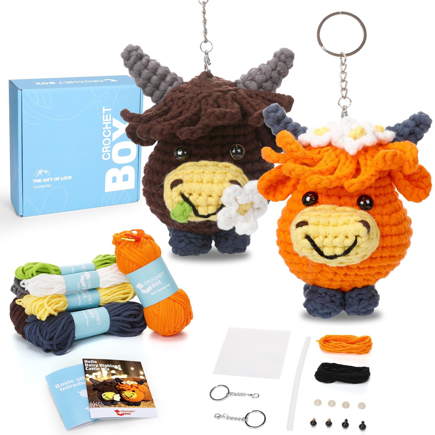 Crochet Kit for Beginners - 2 PCS Highland Cow Keychain Crochet Kit, Learn to Crochet, Include Easy Knitting Yarn, Step-by-Step Video Tutorial, Hook, Holiday Birthday Gift for Adults