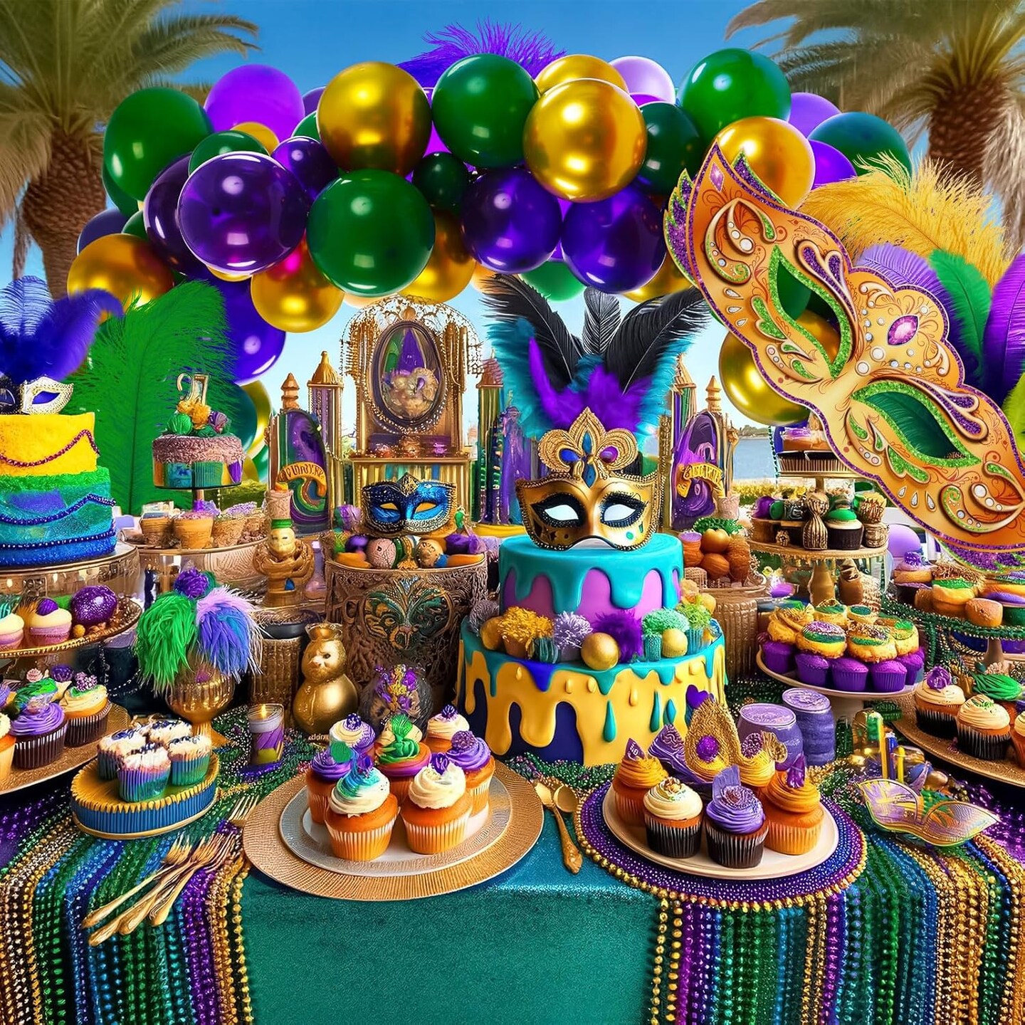 108 Pcs Mardi Gras Balloon Garland Kit 39" Large Mardi Gras Mask and Mardi Gras Balloons Masquerade Mask Stand up Cardboard Kit for Mardi Gras Party Decorations New Orleans Party