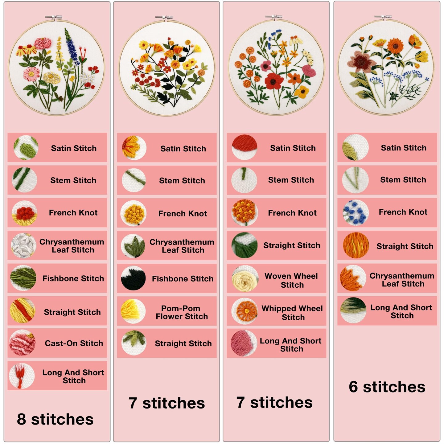 4 Sets Embroidery Kit for Beginners with Stitch Video, Flower Cross Stitch Kits for Adults, Starter, Hand Craft Lover Practice with Floral Stamped Pattern, 2 Hoops, Needles, Scissors, Tools