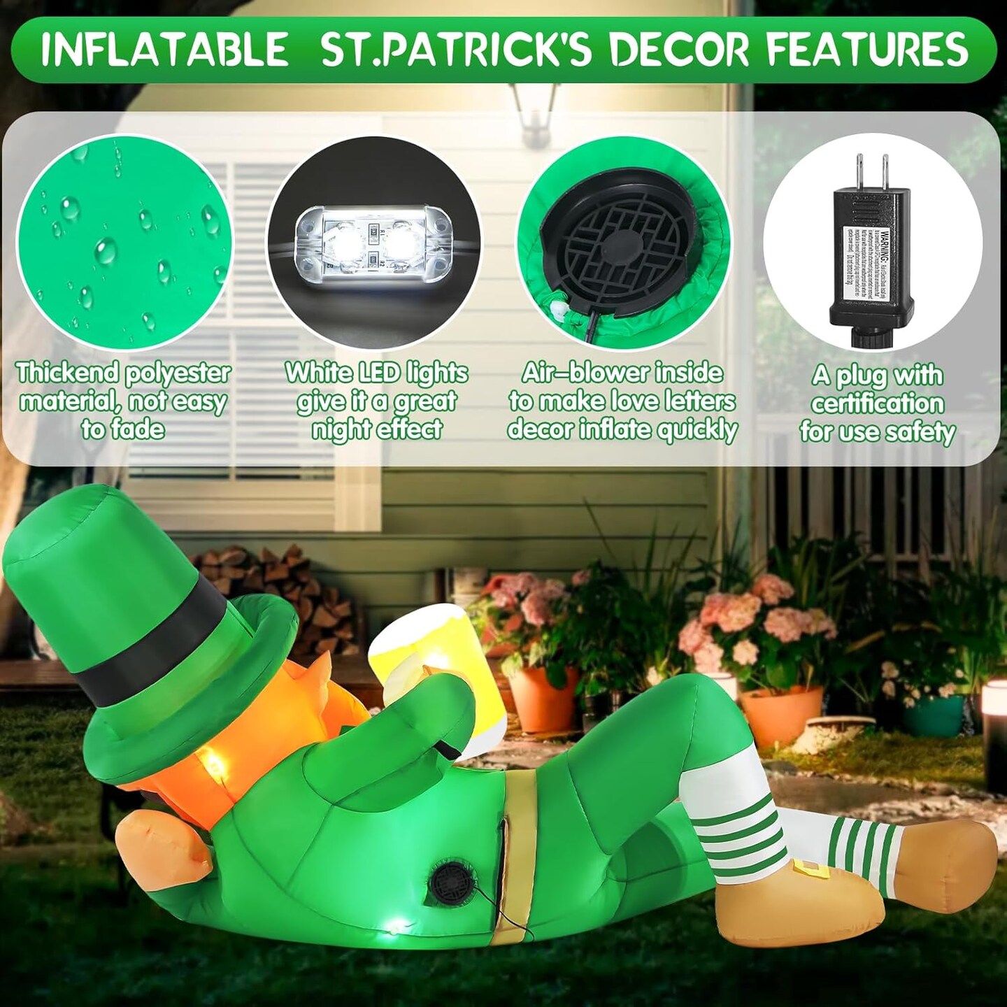 St Patricks Day Inflatables Outdoor Decorations 6FT Giant St Patrick's Inflatable Leprechaun Holding Beer Blow Up LED Lighted Irish Blowups St Patty's Indoor Party Outside Holiday Yard Decor