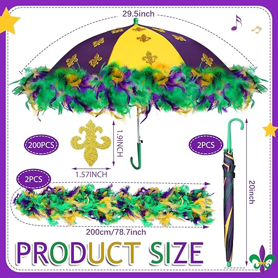 2 Pcs Mardi Gras Umbrella 22 x 2 Inch Second Line Umbrella with 2 Purple Yellow Green Feather String 2 Glue Point and 200 Glitter Stickers Mardi Gras Decoration for Masquerade Costume