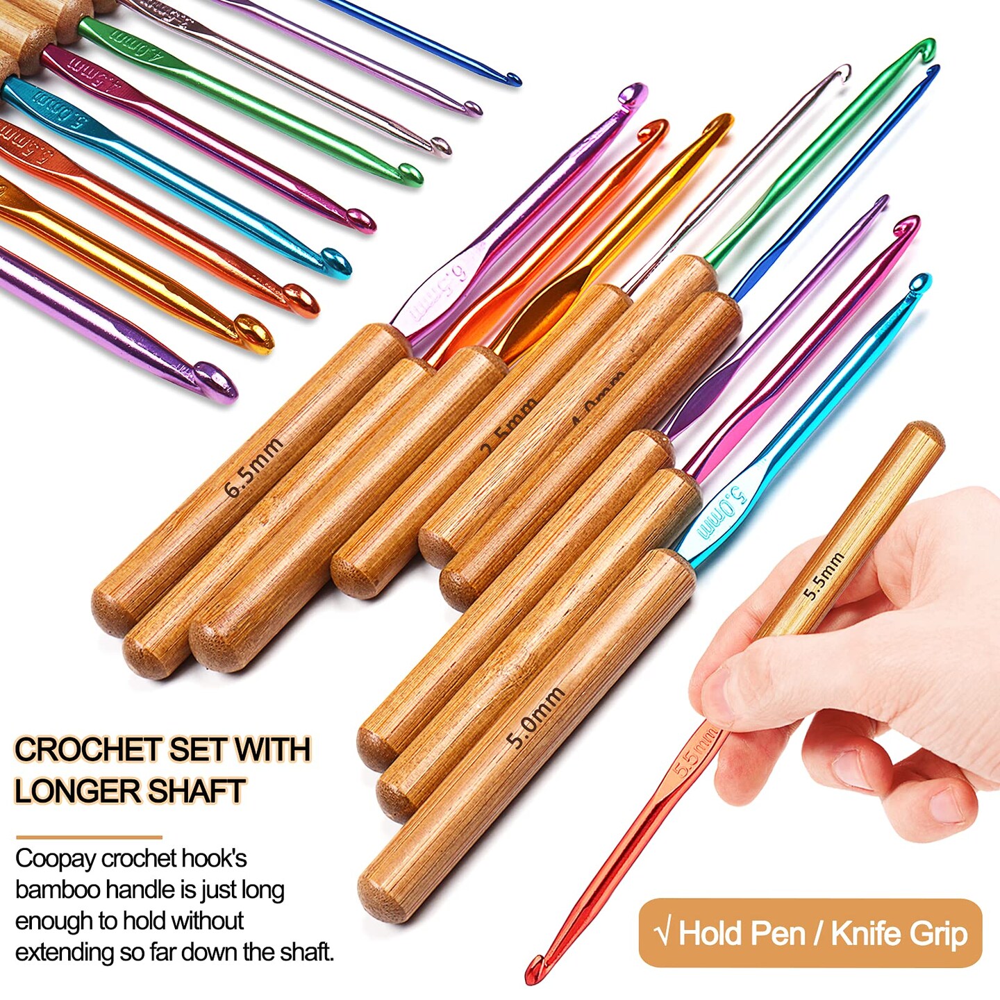 Bamboo Crochet Hooks Comfort Grip, 6.7" Crochet Kit Longer Aluminum Shaft Crochet Needles for Crocheting, Ergonomic Knitting Hooks Set for Crochet Yarn Craft, Premium Knitting Crochet Supplies
