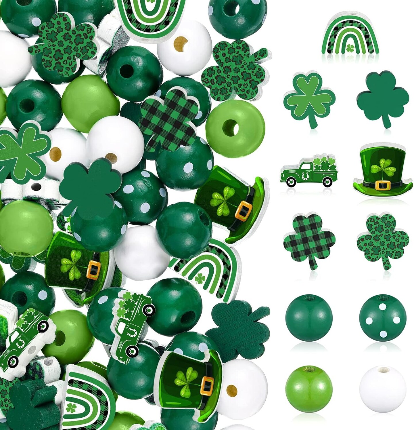 200 Pieces St. Patrick&#x27;s Day Wood Beads Green Wood Spacer Round Beads St. Patrick&#x27;s Day Wooden Craft Kits for DIY Crafts Garland Home Party Decor Ornaments (Shamrocks Style)
