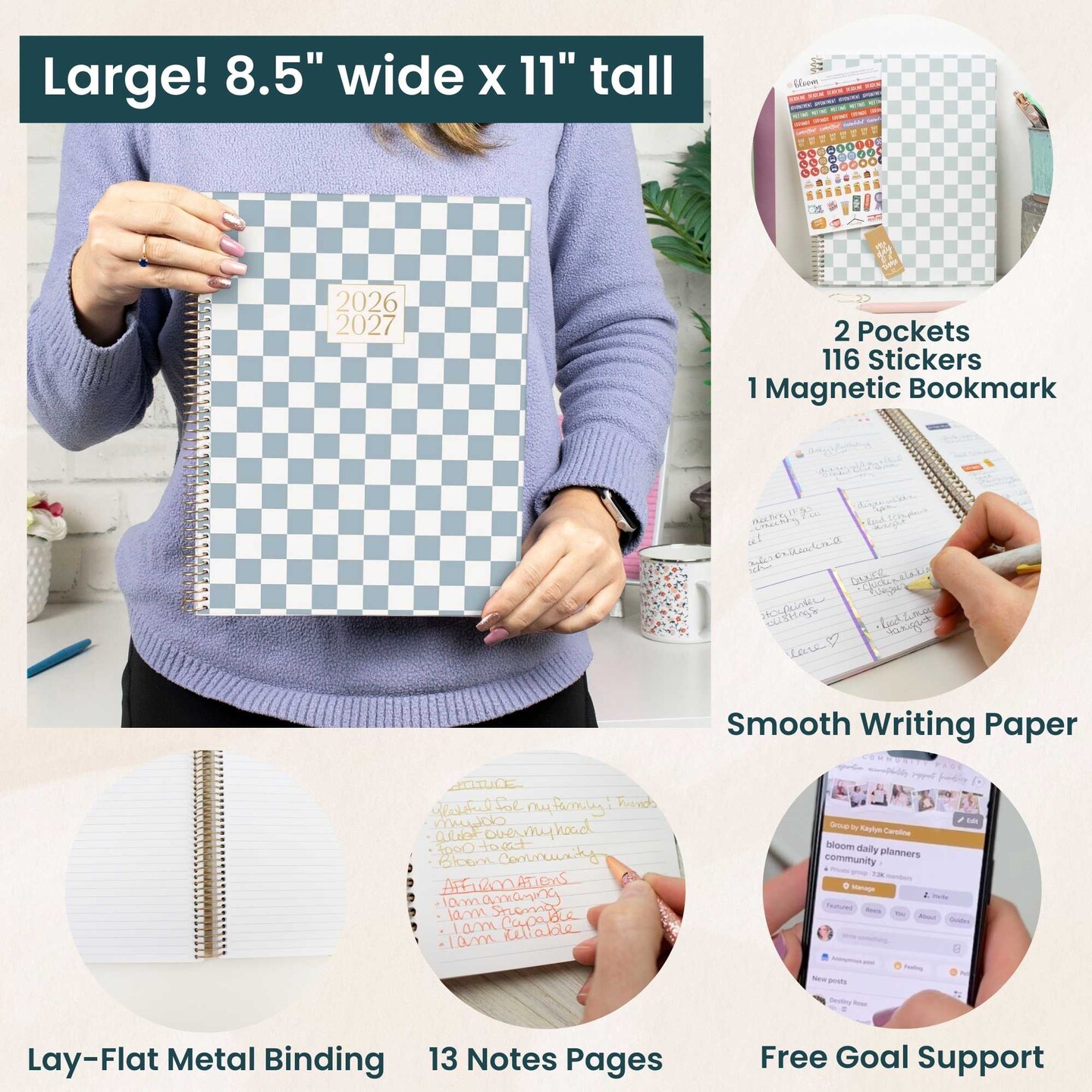 bloom daily planners 2026-2027 Academic Planner, 13 Month Soft Cover Monthly & Weekly, 8.5" x 11", Stickers Included, Checkered