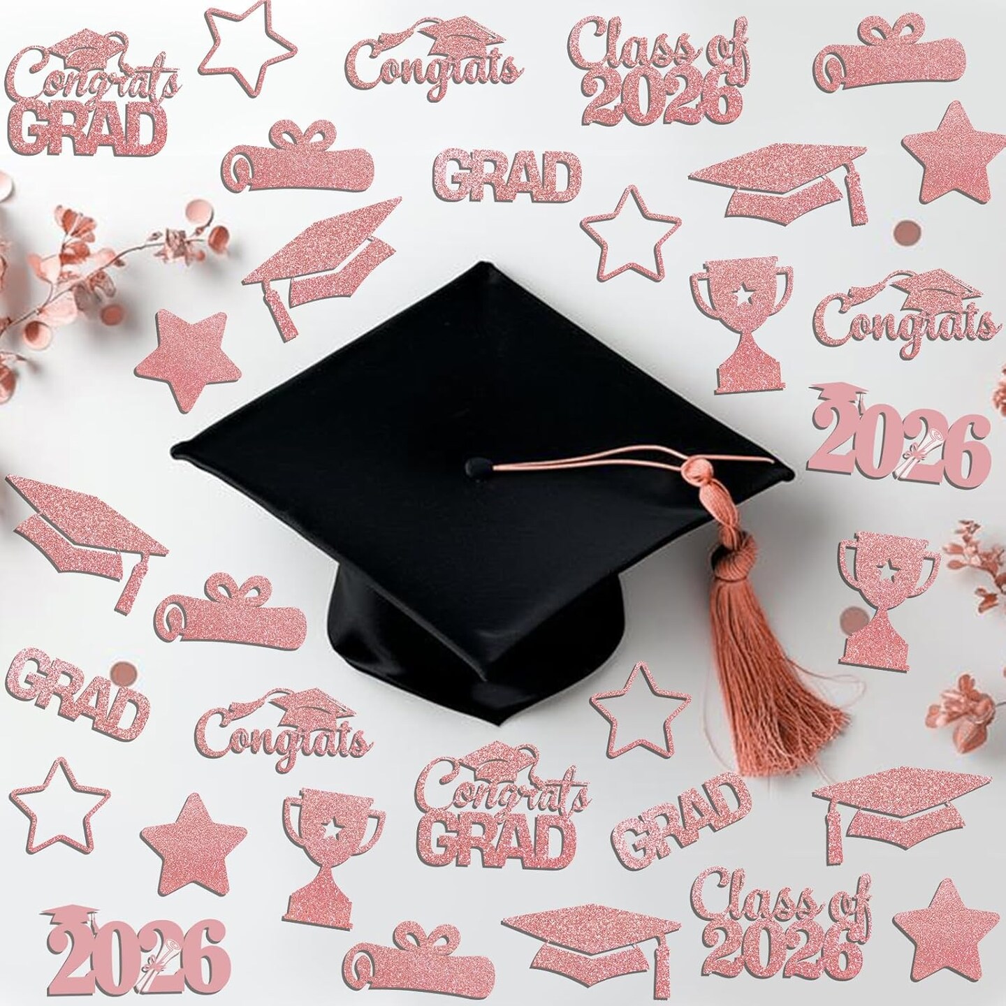 200PCS Rose Gold Glitter Graduation Confetti Class of 2026 Class of 2026 Graduation Party Decorations Grad Table Decorations for 2026 Grad Party Supplies
