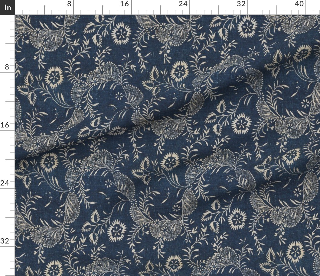 Indigo Floral Folk Art Traditional Vintage Vines Indigo Batik Custom Printed Fabric by Spoonflower Various Fabrics by the Yard or Fat Quarter