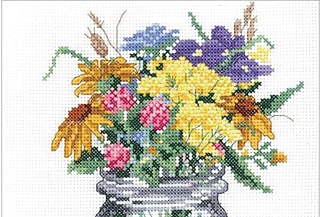 Wildflower Jar Counted Cross Stitch Kit – 14CT Aida Fabric Embroidery Kit with Cotton Floss, Needle, Pattern & Instructions, DIY Floral Needlepoint Craft, 8x10 Inch