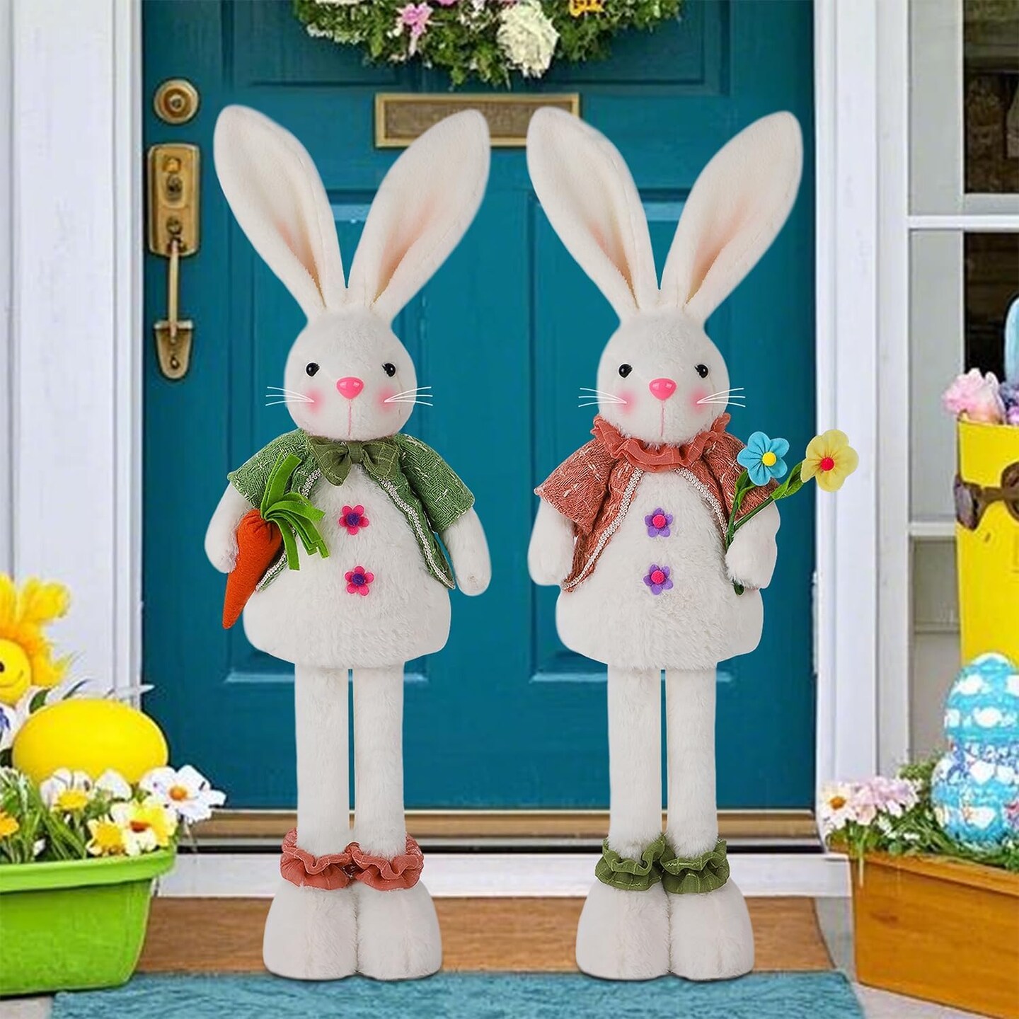 2 Pack Easter Standing Bunny with Stretchable Legs, 18&#x22; to 25&#x22; Plush Rabbits Couple Figurine, Cute Party Favor Photo Props Gifts for Office Kitchen Farmhouse Front Door Spring Home Decor