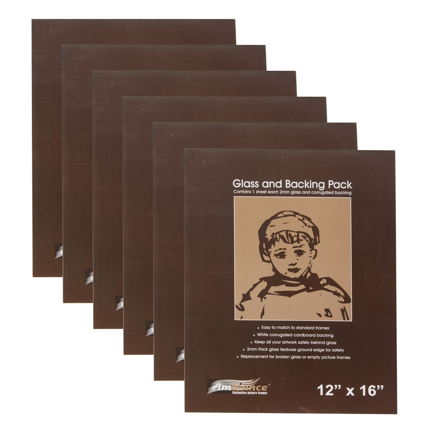 Ambiance Picture Frame Glass and Backing 12x16" - 6 Pack – 2mm Thick Glass Sheets with White Corrugated Cardboard Backing – Replacement Glass for Open-Back Frames