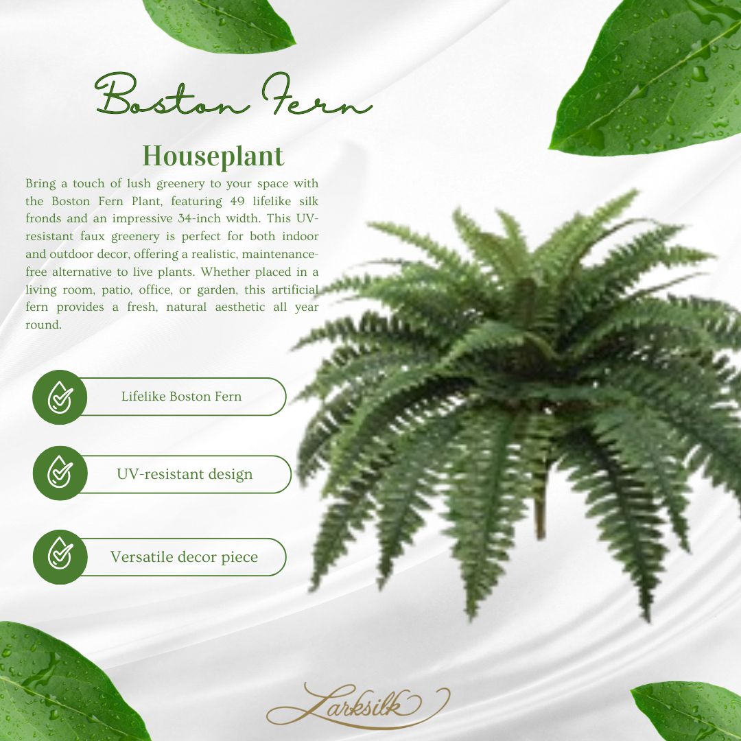 Boston Fern Plant - 34&#x22; Wide, 49 Realistic Silk Fronds, UV Resistant, Faux Greenery for Indoor &#x26; Outdoor Decor by Floral Home&#xAE;
