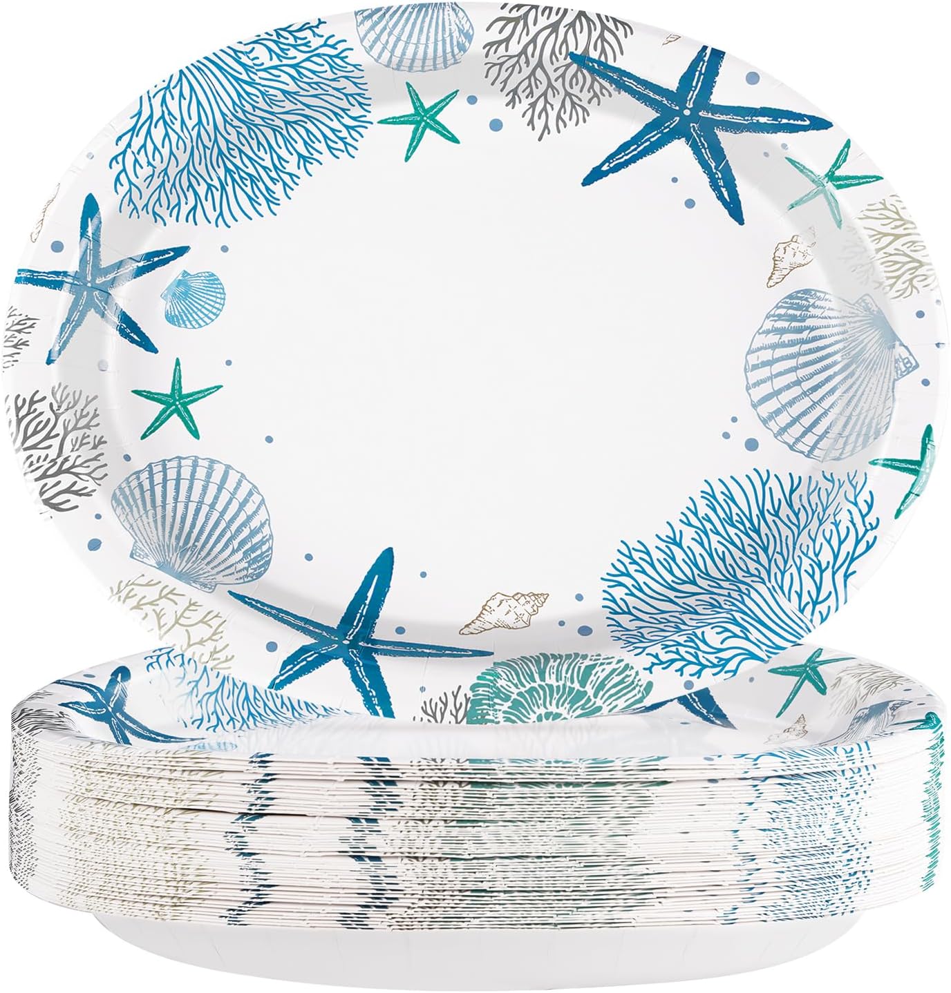 50Pcs Ocean Oval Paper Plates 10&#x22; x 12&#x22; Large Disposable Heavy Duty Blue Coastal