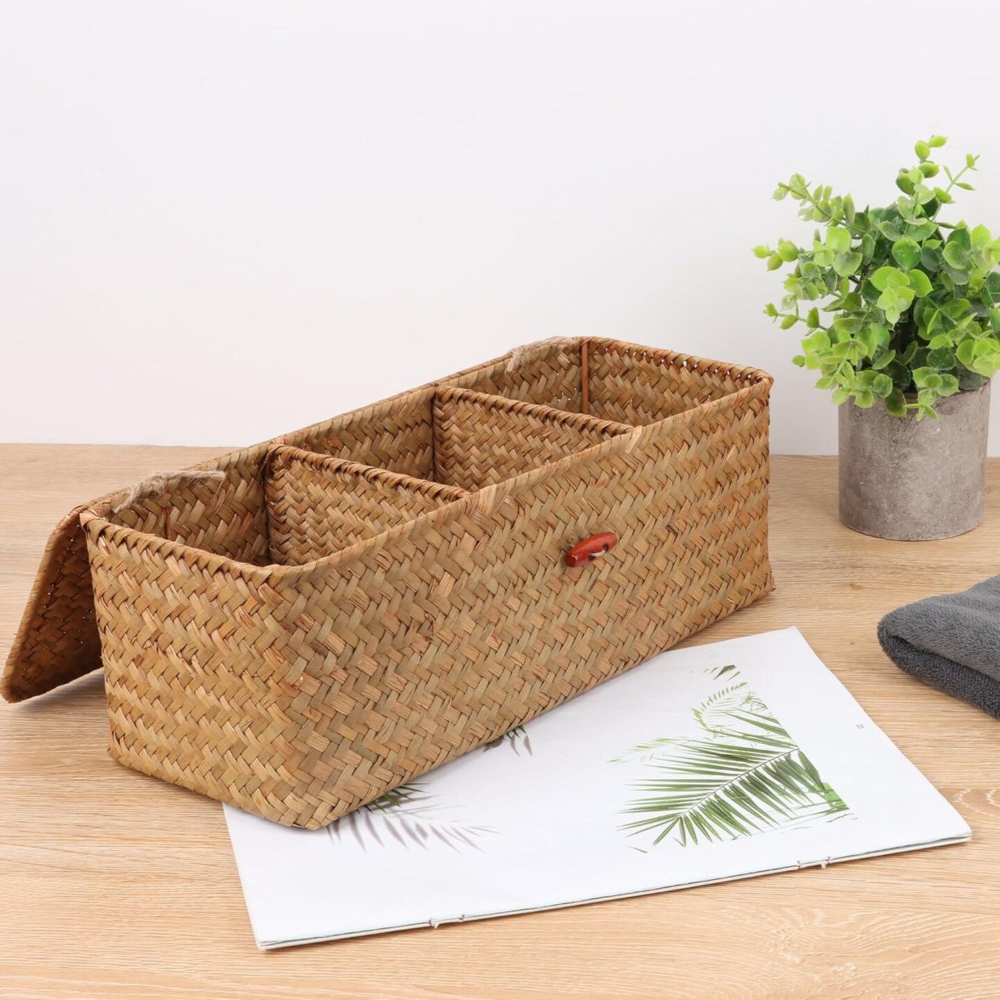 Wicker Woven Storage Baskets with Lid and Dividers (Natural) 5.1"D x 13"W x 4.3"H