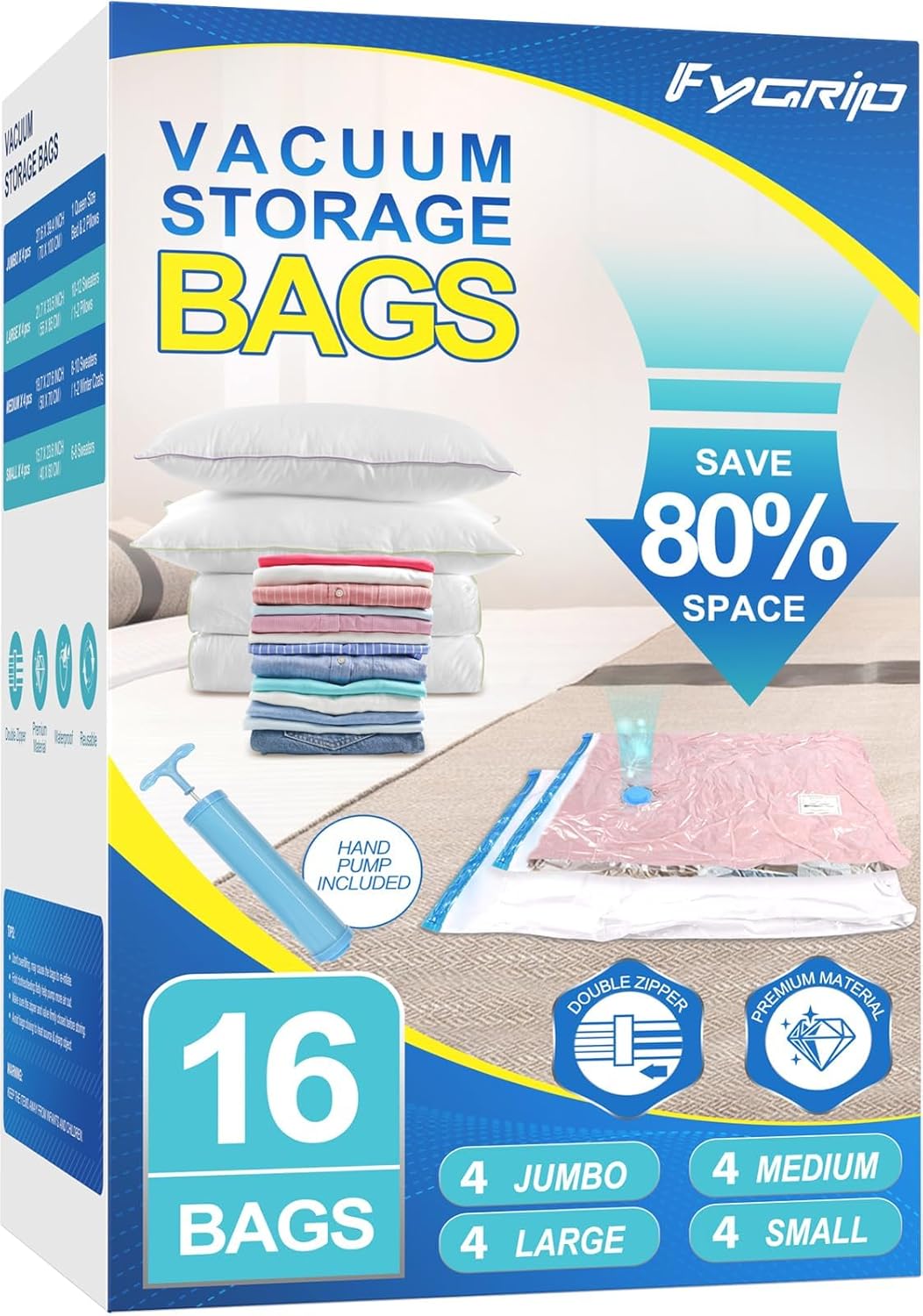 16 Pack Vacuum Storage Bags with Hand Pump - 16 Combo