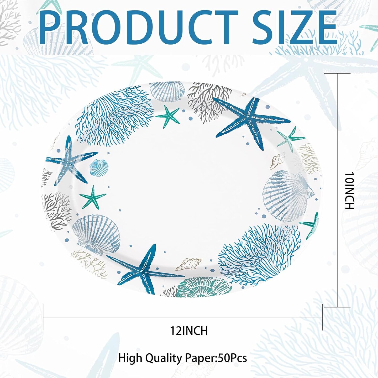 50Pcs Ocean Oval Paper Plates 10&#x22; x 12&#x22; Large Disposable Heavy Duty Blue Coastal