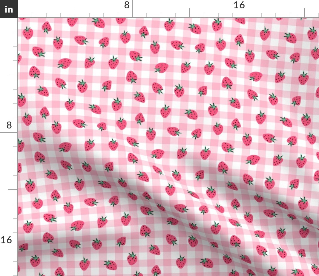 Sweet Strawberry Pink Gingham Plaid Summer Check Berry Fruit Small Scale Custom Printed Fabric by Spoonflower Various Fabrics by the Yard or Fat Quarter