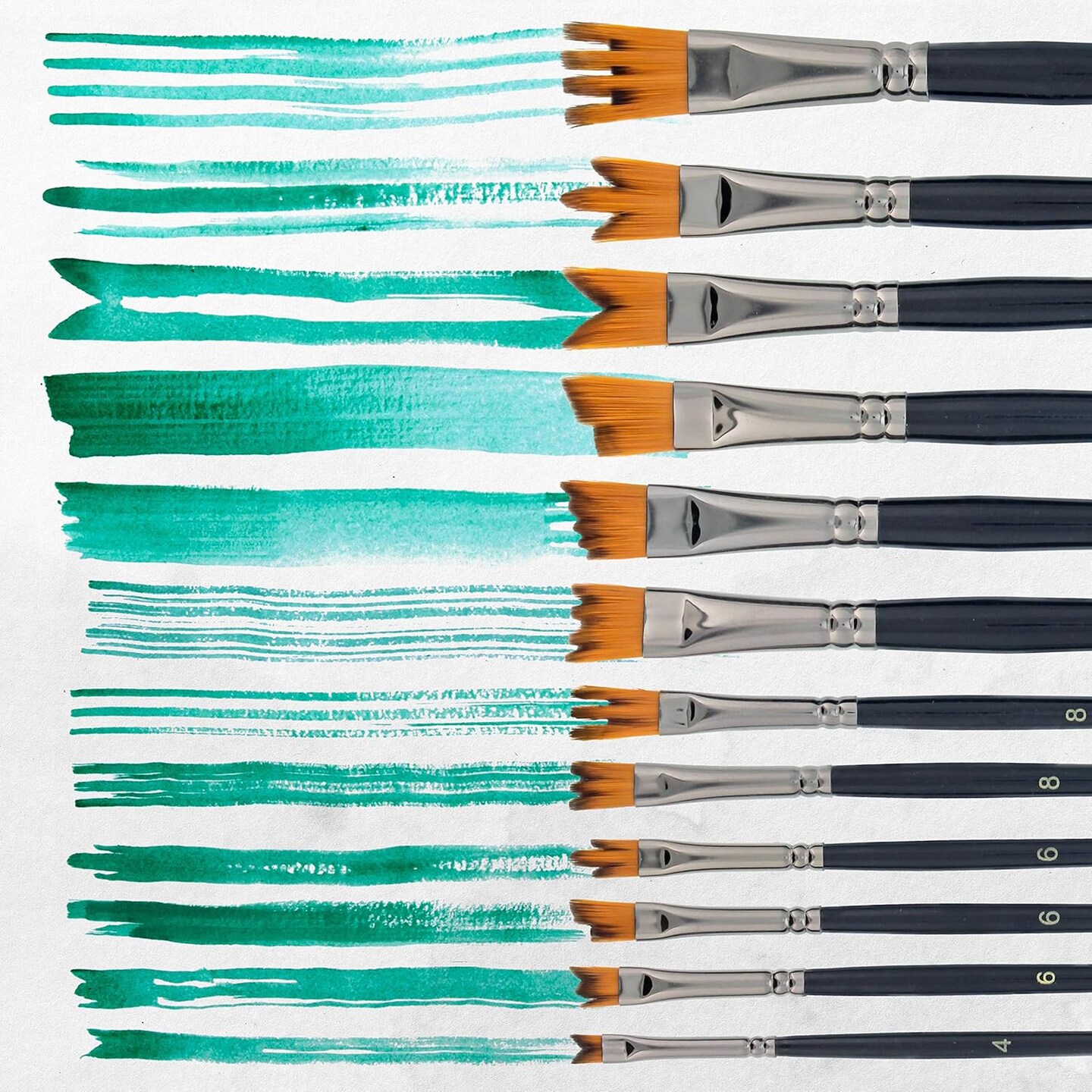 12 Piece Special Effects Artist Paint Brush Set - Professional Taklon Synthetic FX Brushes, Ribbon, Muti-Liner, Angular - Create Grass, Hair, Fur - Watercolor, Acrylic, Gouache, Oil