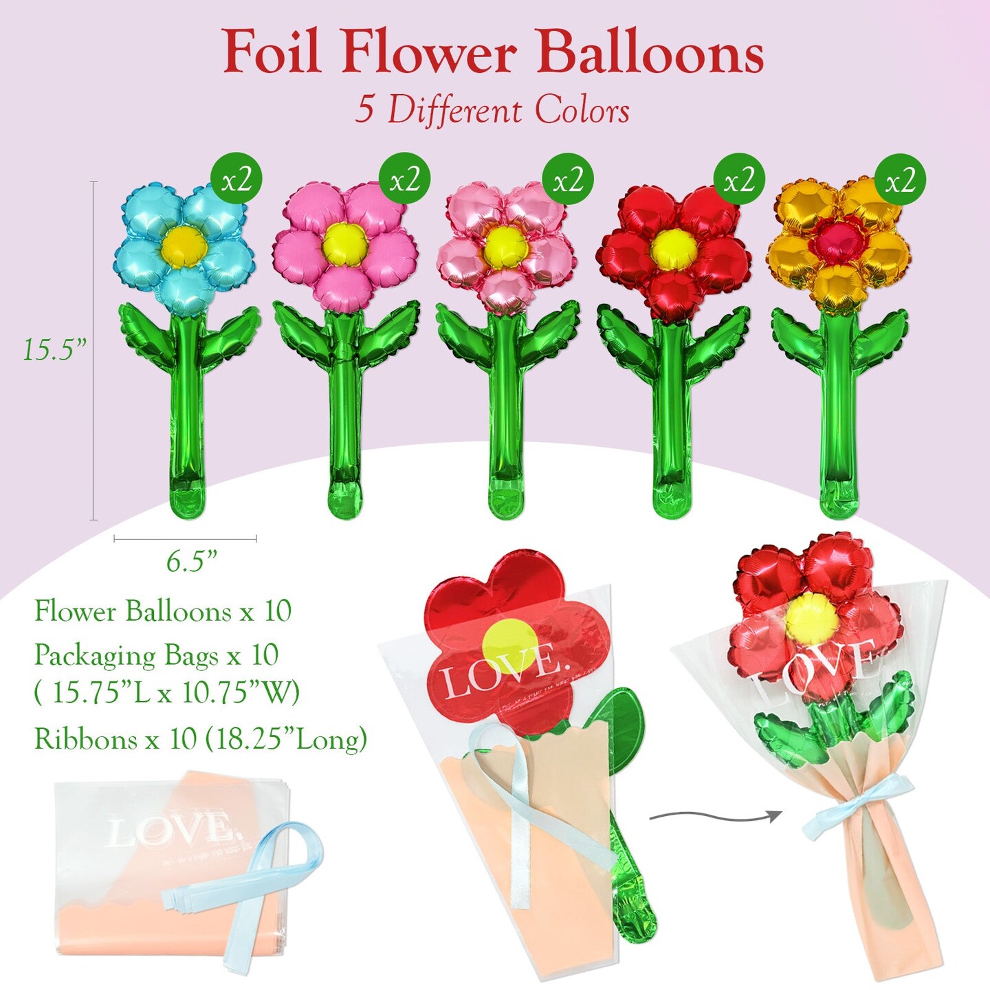 Wrapables Aluminum Foil Flower Balloons for Mother&#x27;s Day, Valentine&#x27;s Day, Easter, Birthday Parties (Set of 10)
