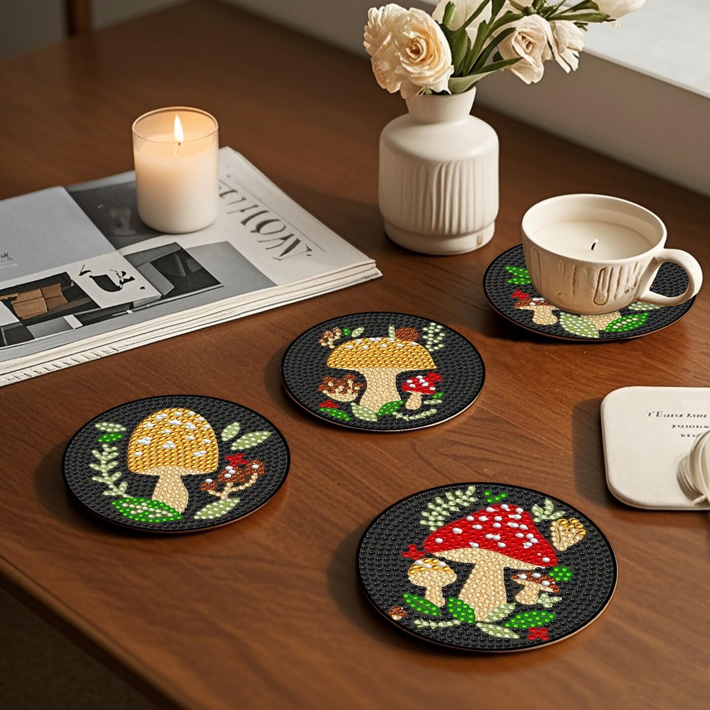 6 PCS Diamond Painting Art Coaster Set with Holder Diamond Art Coasters Small Diamond Painting Coasters Kit for Beginners Adults and Art Craft Supplies Item Mushroom Shaped.