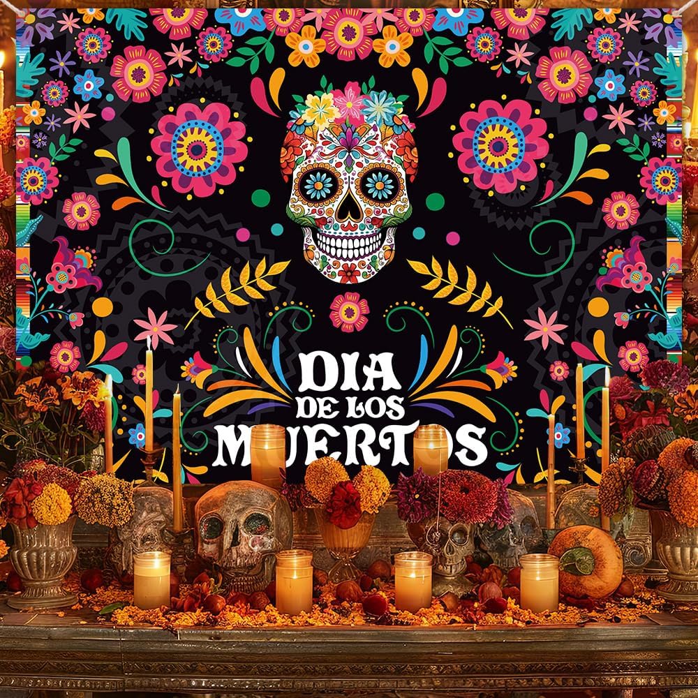 7x5ft Day of The Dead Backdrop Mexican Fiesta Sugar Skull(7x5ft)12"L x 10"W