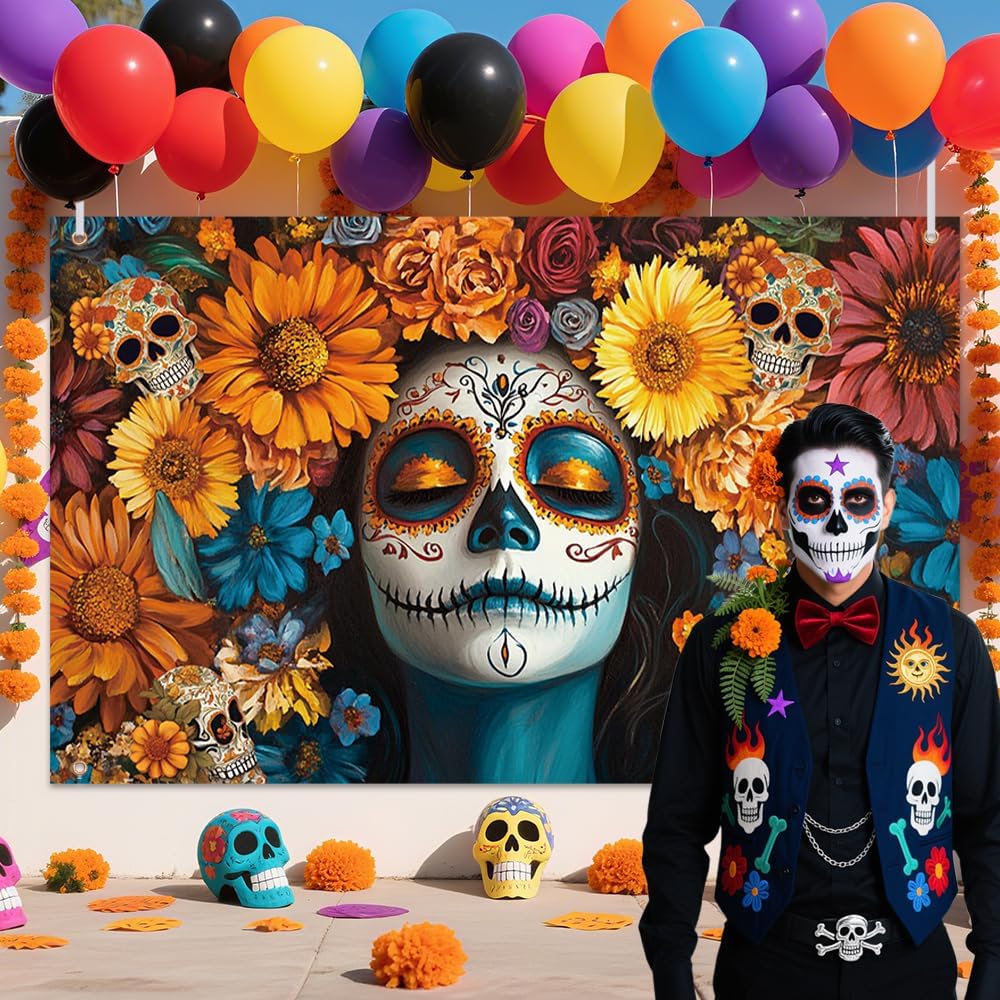 Day of The Dead Ofrenda Altar Marigold Flowers Photography Background(72&#x22;L x 48&#x22;W)