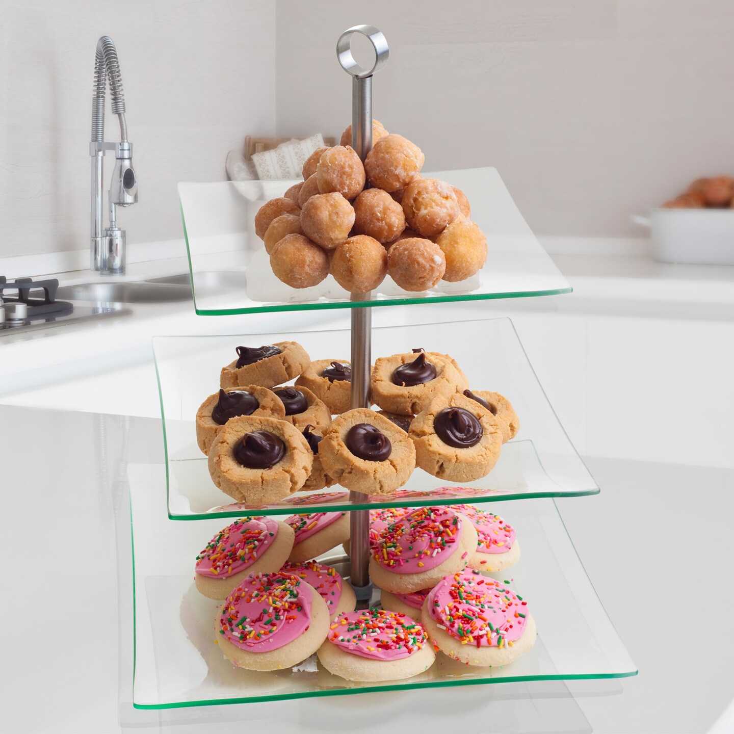 Three Tier Square Glass Buffet and Dessert Stand, 1 Pack, Clear