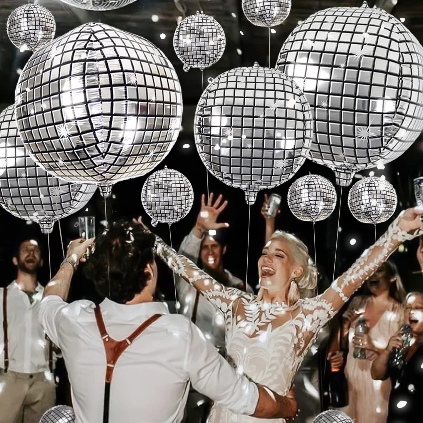 20Pcs Disco Ball Balloons Different Sizes- 4D Large Disco Balloons 32&#x201D; 22&#x201D; 10 Inch Assorted Round Metallic Silver Disco Mylar Balloons for 70s 80s Disco Themed Birthday New Year&#x27;s Party Decor Supplies