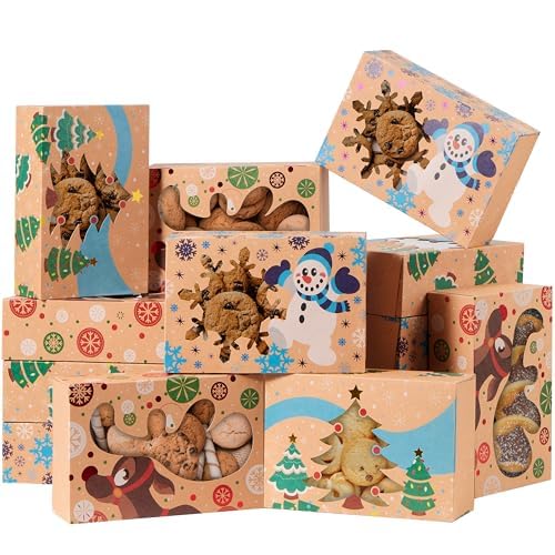 JOYIN 12 Foiled Kraft Christmas Cookie Boxes with Window 8.5&#x22; x 5.75&#x22; x 2.75&#x22;, Treat Boxes with 3 Designs for Pastries, Cupcakes, Brownies, Gift-Giving, Doughnut and Cookie, Brown Kraft Bakery Boxes