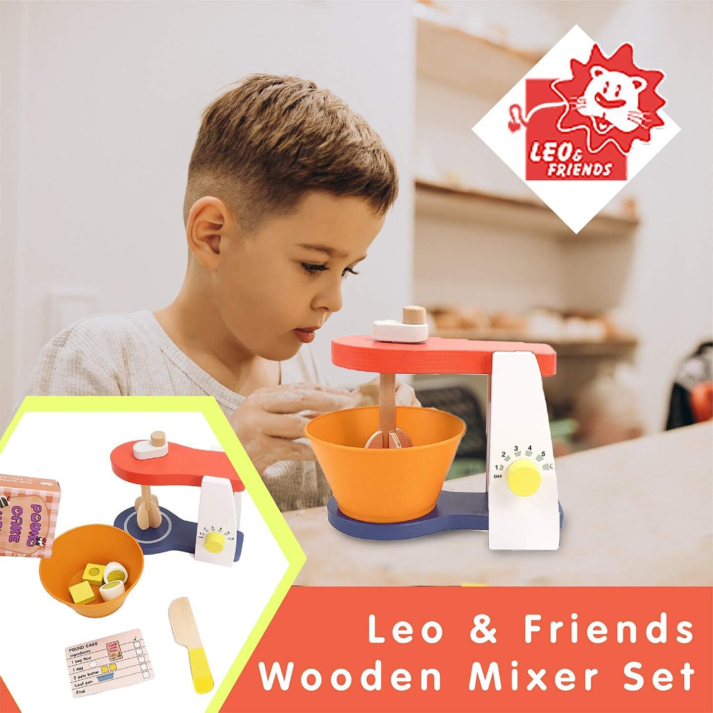 LEO &#x26; FRIENDS: Wooden Mixer Set - 9pc Make-A-Cake Set, Realistic Spinning Kitchen Appliance Toy &#x26; Accessories, Food &#x26; Baking Pretend Play, Kids Age 3+