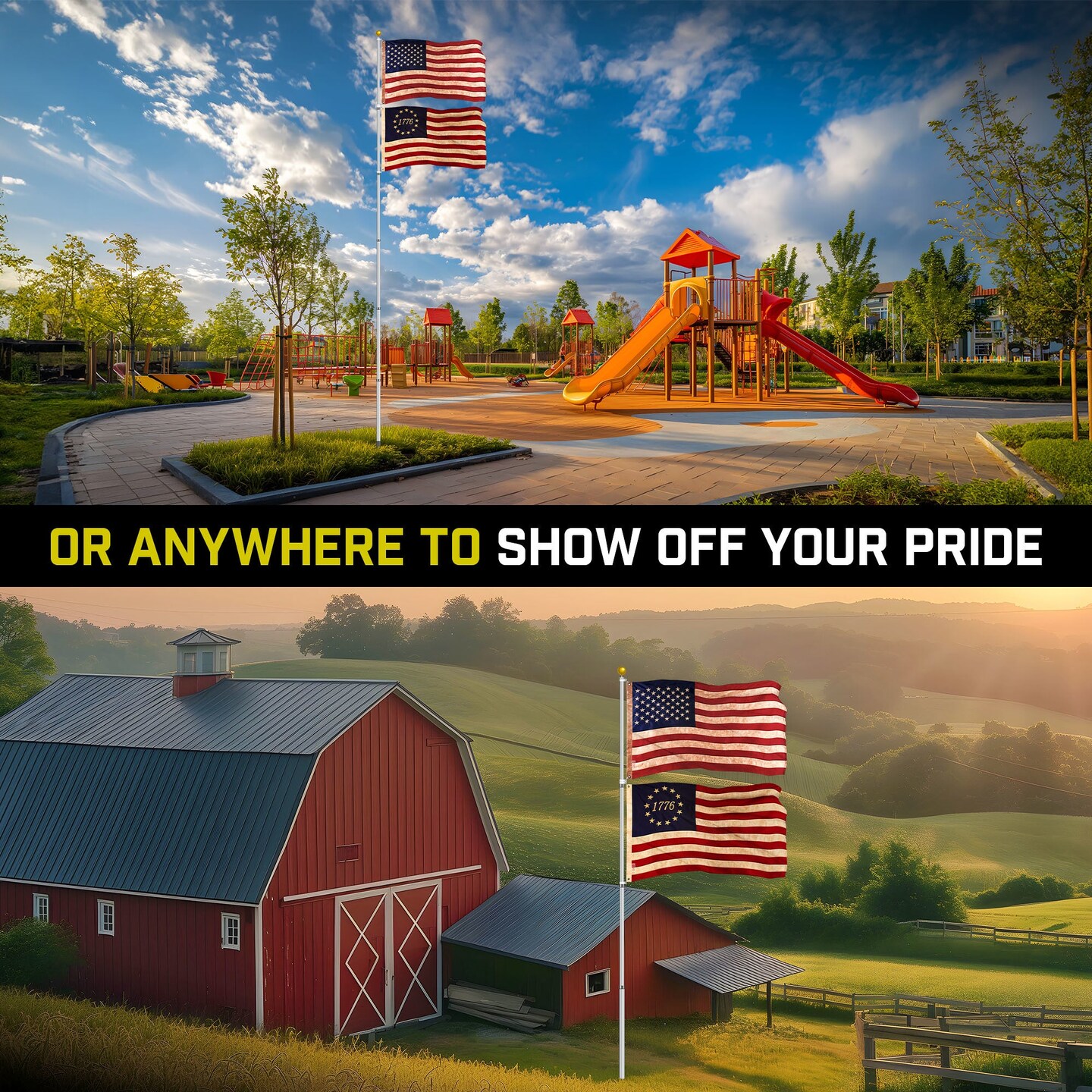 G128 Combo Pack: 25 Ft Telescoping Aluminum Flagpole (Silver) & American and Betsy Ross 1776 Tea Stained Flags 3x5 Ft, Both ToughWeave Series Embroidered Polyester | Pole with Flags Included