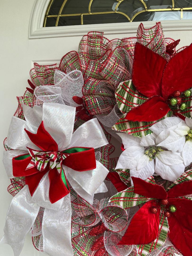 Large Christmas door wreath, Holiday door wreath, Poinsettia