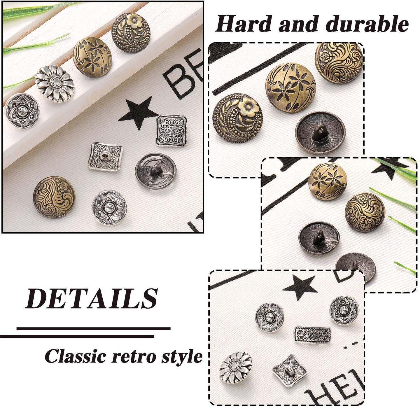 Metal Buttons 80 Pieces Antique Silver and Bronze Color for Sewing DIY Crafts Sewing Decorations, Mixed Vintage Style Flower Round Buttons