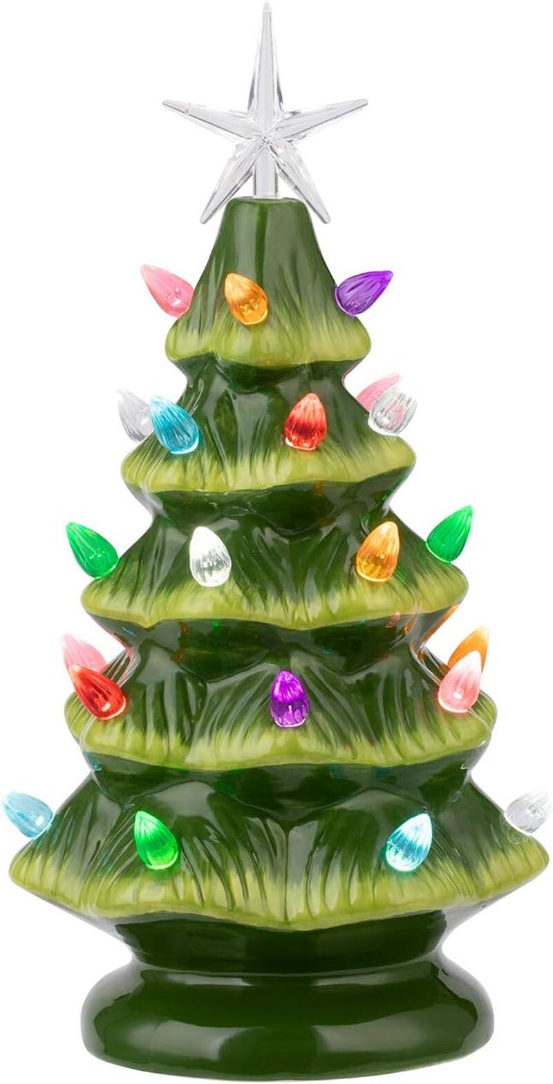 11&#x22; Ceramic Christmas Tree Tabletop Christmas Tree Lights with 28 Multicolored Lights and 1 Star Toppers for Table Top Desk Classic Series Christmas Decoration (Green) (Green)