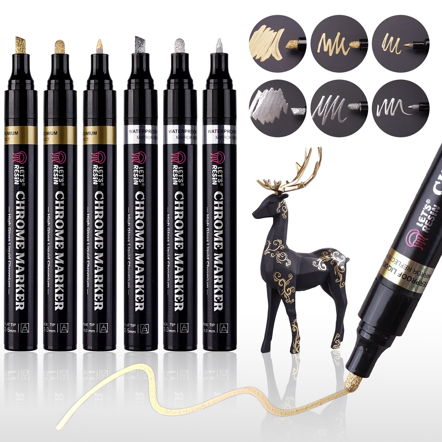 LET&#x27;S RESIN 6Pcs Mirror Chrome Markers,3 Sizes Shiny Chrome Paint Pen with Large Barrel, Quick Dry Oil-based Silver &#x26; Gold Markers for Metal, Resin, Model Painting, Marking or DIY Art&#xFF08;1-5mm&#xFF09;