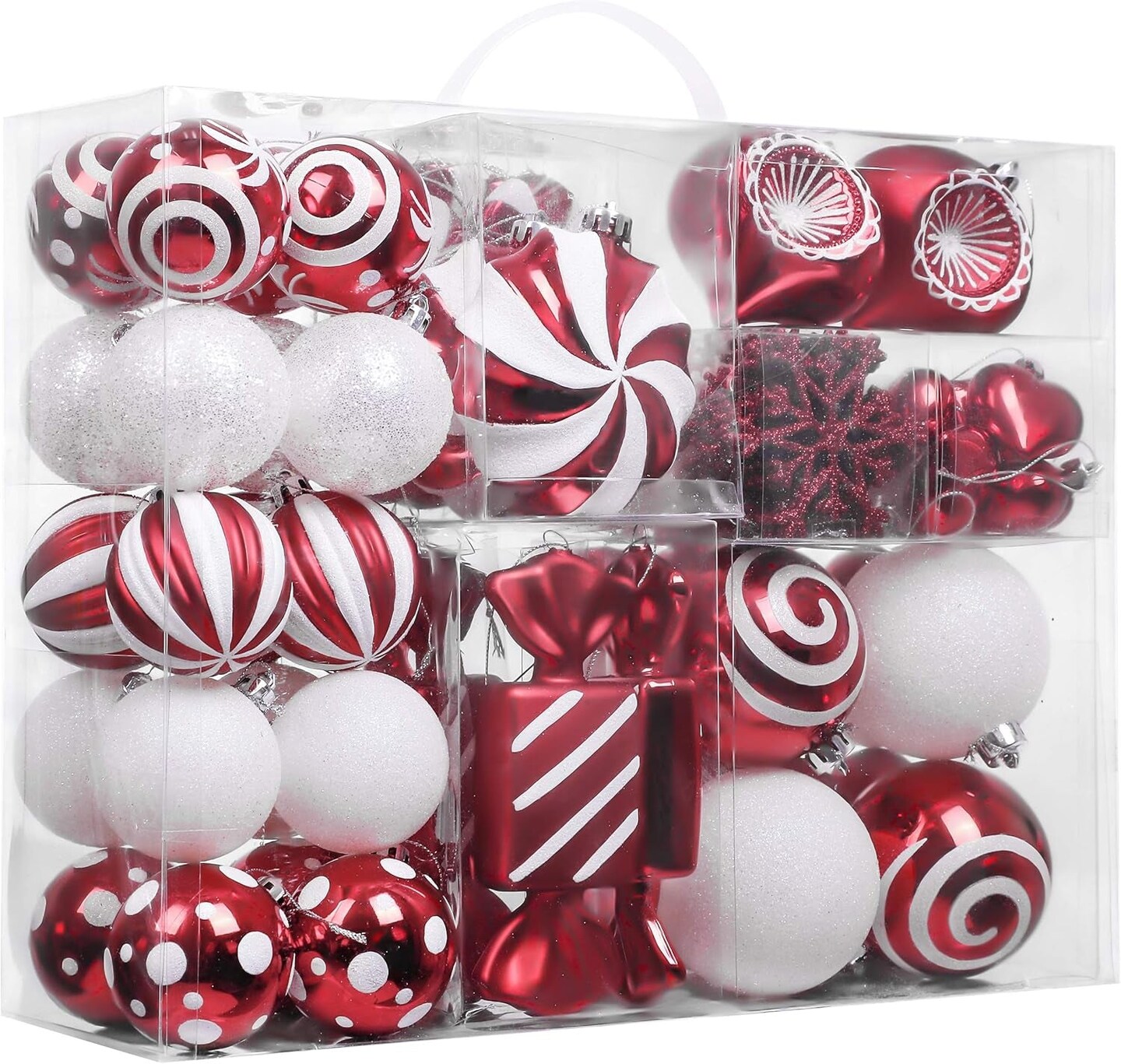 Christmas Ornaments Set, 108Ct Candy Cane Red and White Shatterproof Christmas Tree Decorations Ball Ornaments Bulk, Decorative Hanging Ornaments for Xmas Trees Holiday Party Decor